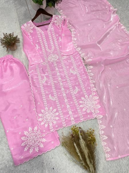 Refined Pink Jimmy Choo Embroidered Palazzo Suit Set with Dupatta With Cut Work For Women  Ready To Wear Collection