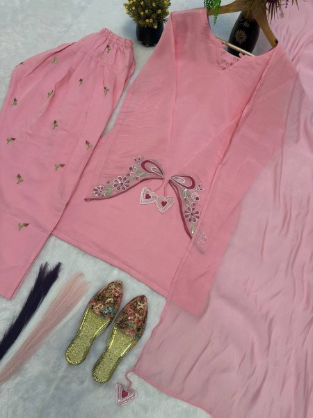 Refined Pink Mal Chanderi Cotton Top with Farshi Salwar and Dupatta Set at Manufacturer Rate Ready To Wear Collection