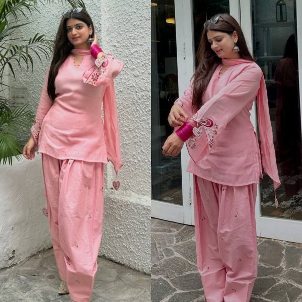 Refined Pink Mal Chanderi Cotton Top with Farshi Salwar and Dupatta Set at Manufacturer Rate Ready To Wear Collection