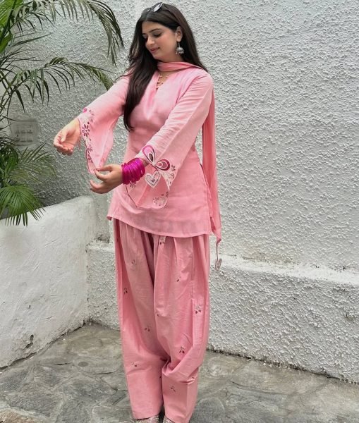 Refined Pink Mal Chanderi Cotton Top with Farshi Salwar and Dupatta Set at Manufacturer Rate Ready To Wear Collection