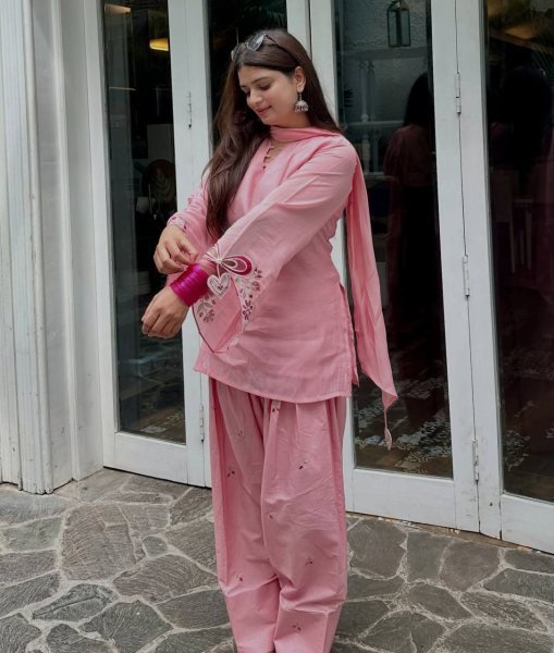Refined Pink Mal Chanderi Cotton Top with Farshi Salwar and Dupatta Set at Manufacturer Rate Ready To Wear Collection