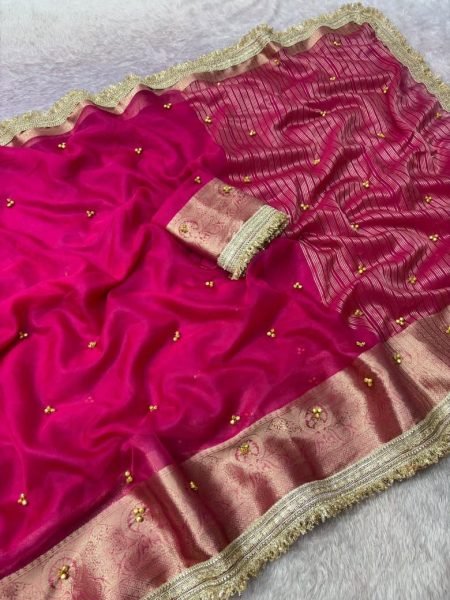 Refined Pink Organza Silk Ghungroo Saree with Unstitched Blouse Piece at Wholesale Rate Silk Sarees Wholesale
