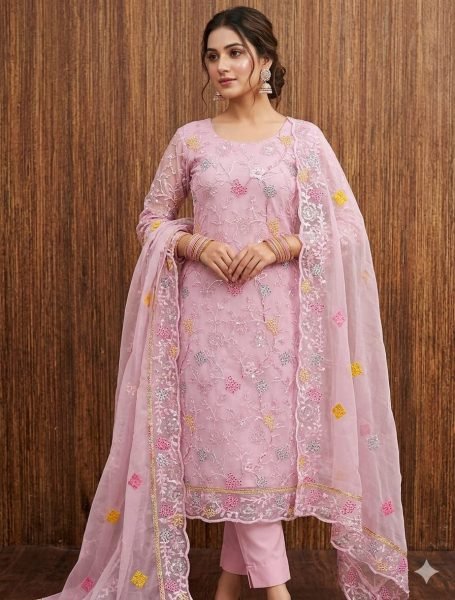 Refined Pink Organza Silk Unstitched Suit with Rich Embroidery and Crepe Bottom Fabric 