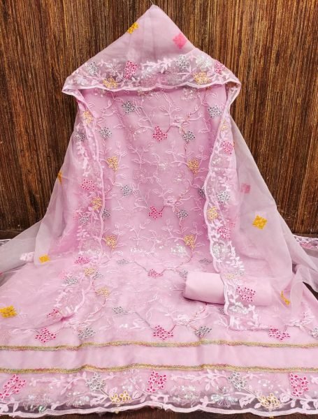 Refined Pink Organza Silk Unstitched Suit with Rich Embroidery and Crepe Bottom Fabric Color Set Matching Dress Material Wholesale