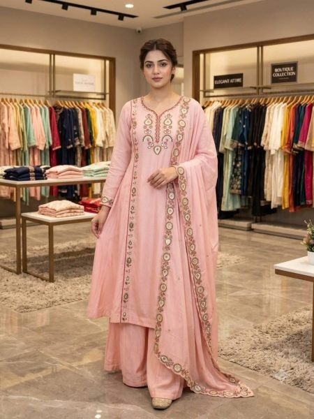 Refined Pink Mul Chanderi Embroidered Kurti Palazzo Dupatta Set for Festival 