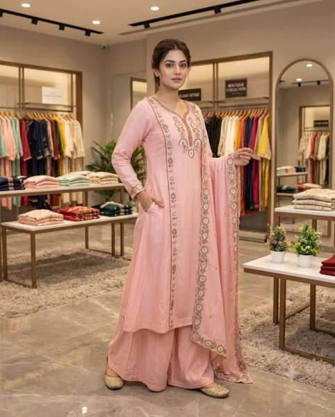 Refined Pink Mul Chanderi Embroidered Kurti Palazzo Dupatta Set for Festival Ready To Wear Collection