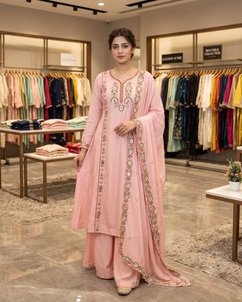 Refined Pink Mul Chanderi Embroidered Kurti Palazzo Dupatta Set for Festival Ready To Wear Collection