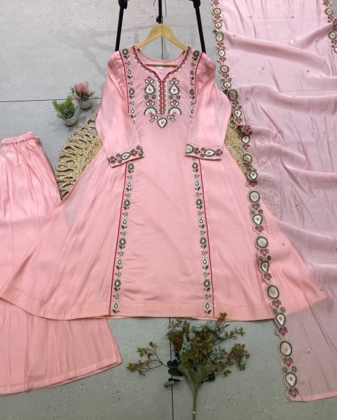 Refined Pink Mul Chanderi Embroidered Kurti Palazzo Dupatta Set for Festival Ready To Wear Collection