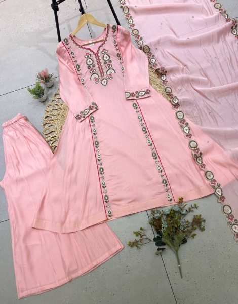 Refined Pink Mul Chanderi Embroidered Kurti Palazzo Dupatta Set for Festival Ready To Wear Collection