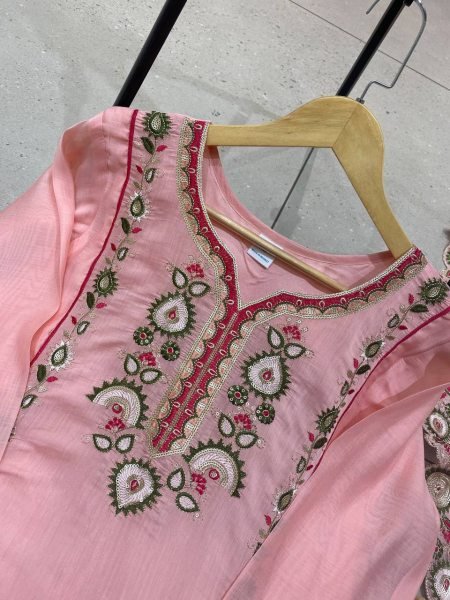 Refined Pink Mul Chanderi Embroidered Kurti Palazzo Dupatta Set for Festival Ready To Wear Collection
