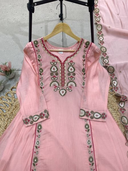 Refined Pink Mul Chanderi Embroidered Kurti Palazzo Dupatta Set for Festival Ready To Wear Collection