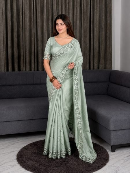 Refined Pista Party Wear Arry Cotton Saree with Thread Embroidery at Manufacturer Rate 