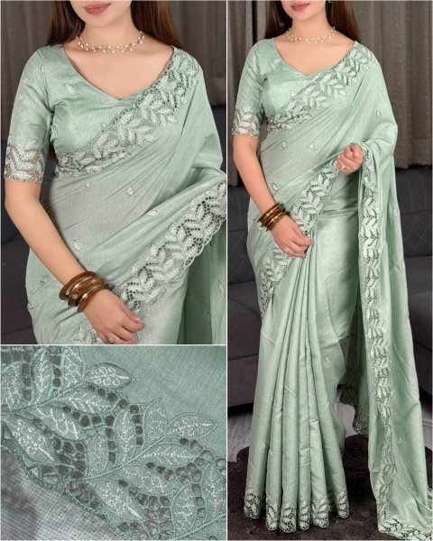 Refined Pista Party Wear Arry Cotton Saree with Thread Embroidery at Manufacturer Rate Cotton Sarees Wholesale