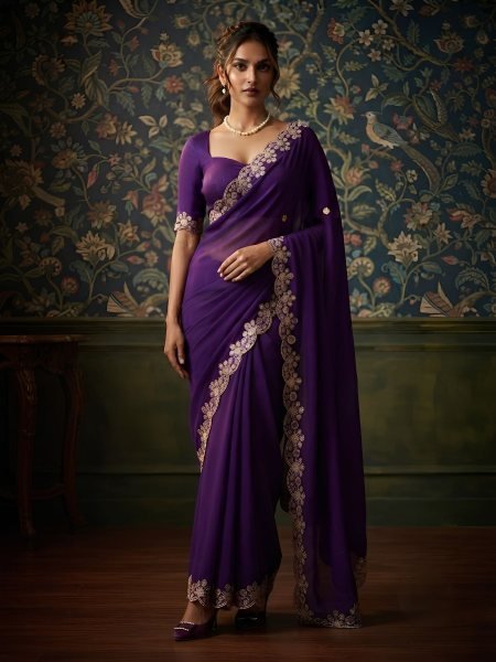 Refined Purple Designer Satin Chiffon Saree with Mono Banglory Silk Blouse  Sarees 