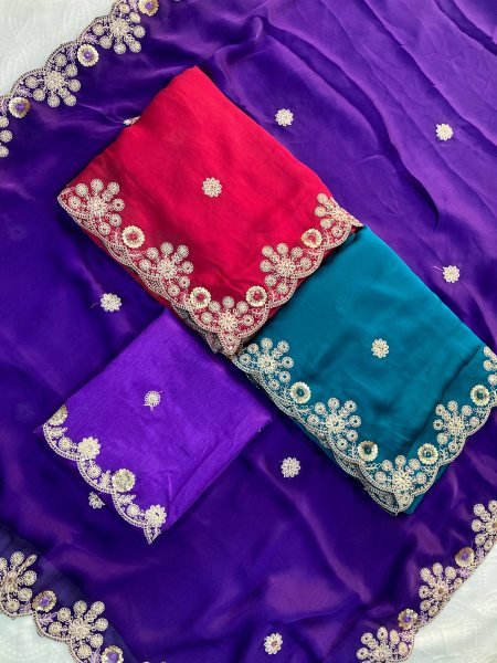 Refined Purple Designer Satin Chiffon Saree with Mono Banglory Silk Blouse  Designer Wedding Sarees Wholesale