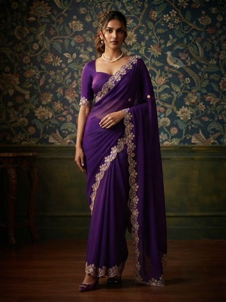 Refined Purple Designer Satin Chiffon Saree with Mono Banglory Silk Blouse  Designer Wedding Sarees Wholesale