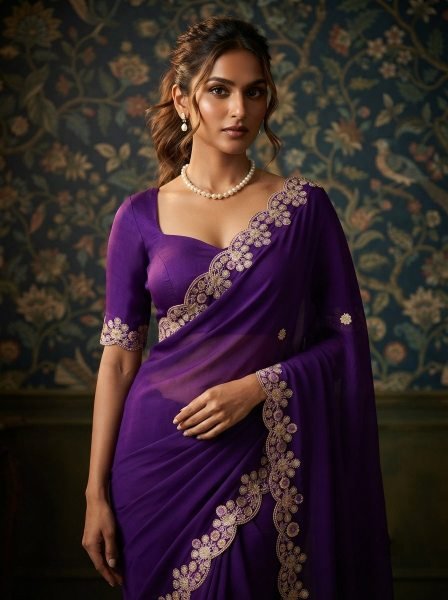 Refined Purple Designer Satin Chiffon Saree with Mono Banglory Silk Blouse  Designer Wedding Sarees Wholesale