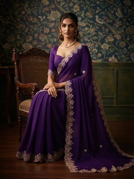Refined Purple Designer Satin Chiffon Saree with Mono Banglory Silk Blouse  Designer Wedding Sarees Wholesale