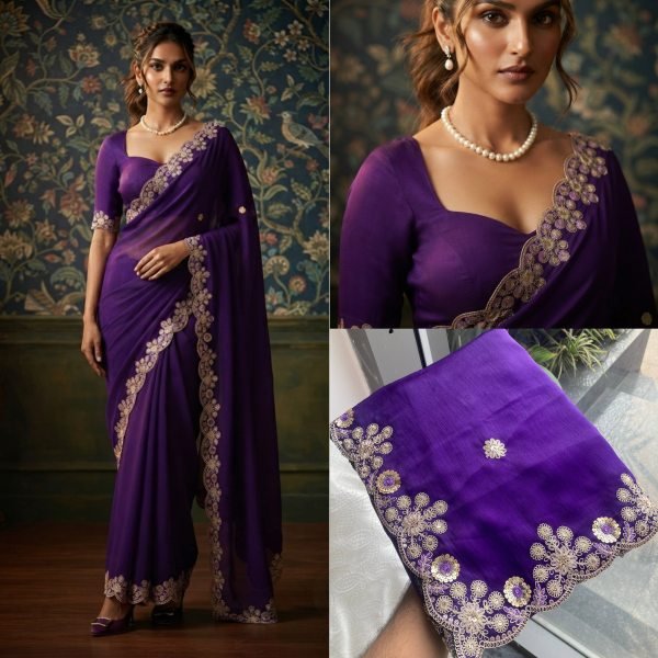 Refined Purple Designer Satin Chiffon Saree with Mono Banglory Silk Blouse  Designer Wedding Sarees Wholesale