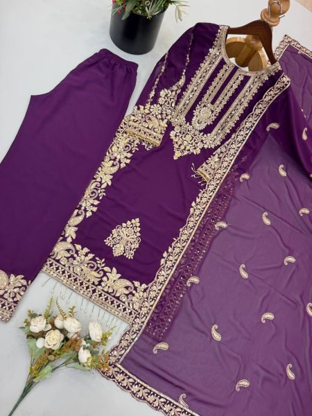 Refined Purple Georgette Kurti With Pant Using Sequence Work For Women Ready To Wear Collection
