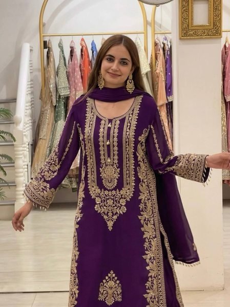 Refined Purple Georgette Kurti With Pant Using Sequence Work For Women Ready To Wear Collection