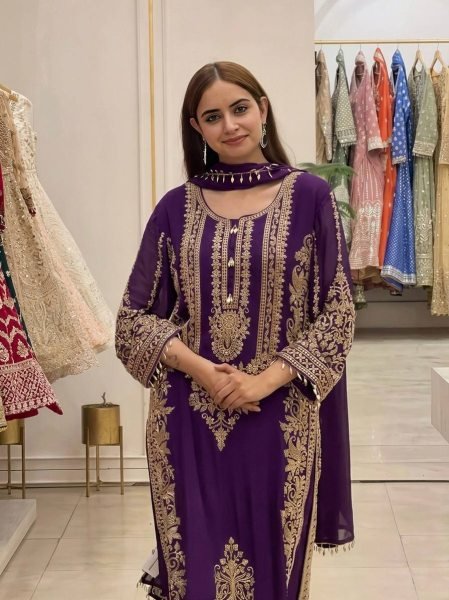 Refined Purple Georgette Kurti With Pant Using Sequence Work For Women Ready To Wear Collection