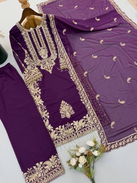 Refined Purple Georgette Kurti With Pant Using Sequence Work For Women Ready To Wear Collection