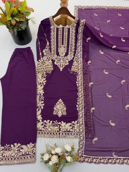 Refined Purple Georgette Kurti With Pant Using Sequence Work For Women Ready To Wear Collection