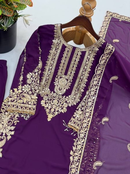 Refined Purple Georgette Kurti With Pant Using Sequence Work For Women Ready To Wear Collection