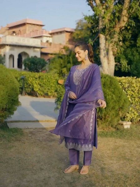 Refined Purple Latest Chinon Suit Set for Festive and Occasion Wear Kurtis