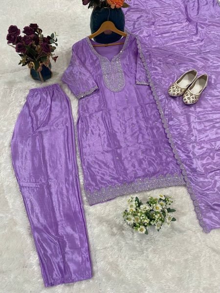 Refined Purple Latest Chinon Suit Set for Festive and Occasion Wear  Straight Cut Long Kurtis