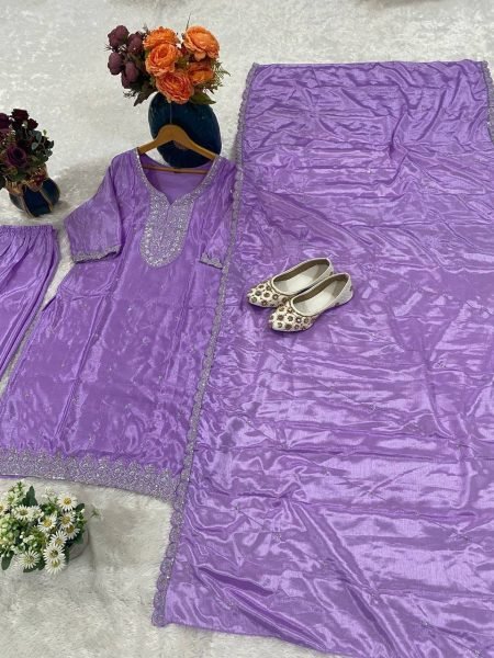 Refined Purple Latest Chinon Suit Set for Festive and Occasion Wear  Straight Cut Long Kurtis