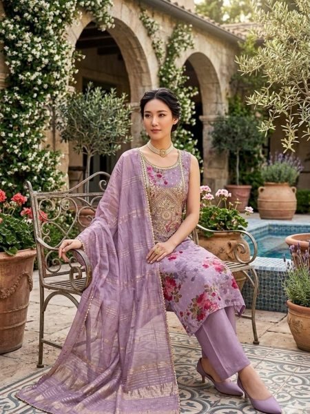 Refined Purple Modal Jacquard Suit Set with Printed Design and Embroidery Look Dress Material 