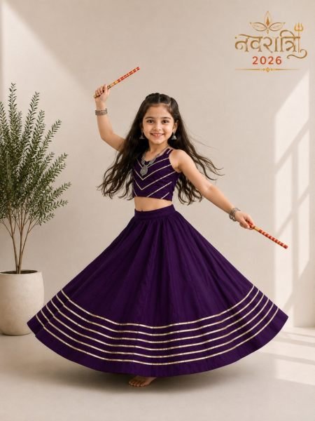 Refined Purple Multicolour Roman Silk Kids Chaniya Choli with Traditional Mirror Work 