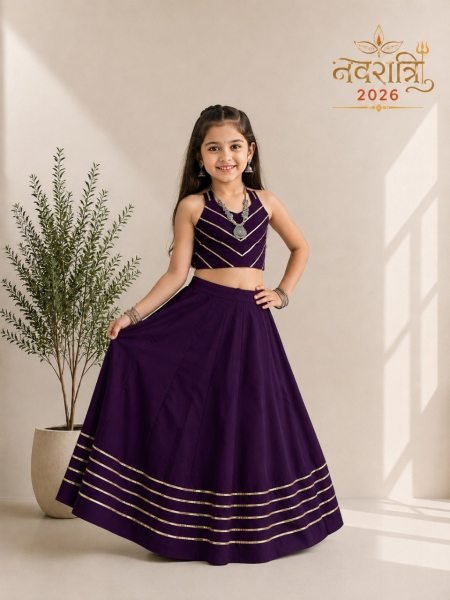 Refined Purple Multicolour Roman Silk Kids Chaniya Choli with Traditional Mirror Work Girls Wear