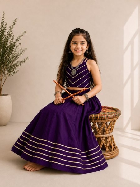 Refined Purple Multicolour Roman Silk Kids Chaniya Choli with Traditional Mirror Work Girls Wear