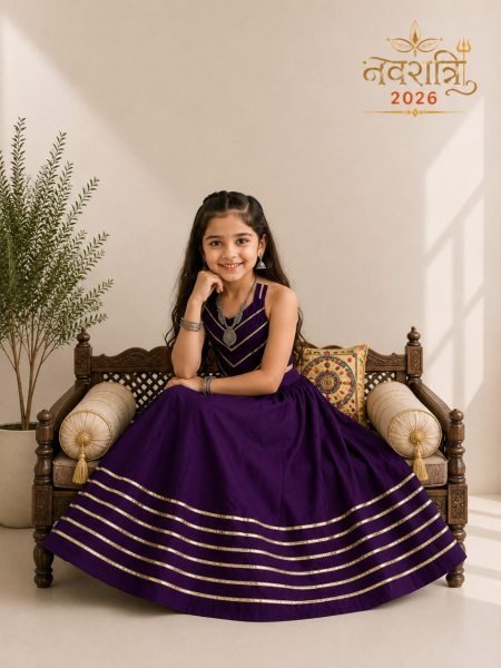 Refined Purple Multicolour Roman Silk Kids Chaniya Choli with Traditional Mirror Work Girls Wear
