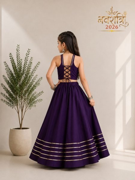 Refined Purple Multicolour Roman Silk Kids Chaniya Choli with Traditional Mirror Work Girls Wear