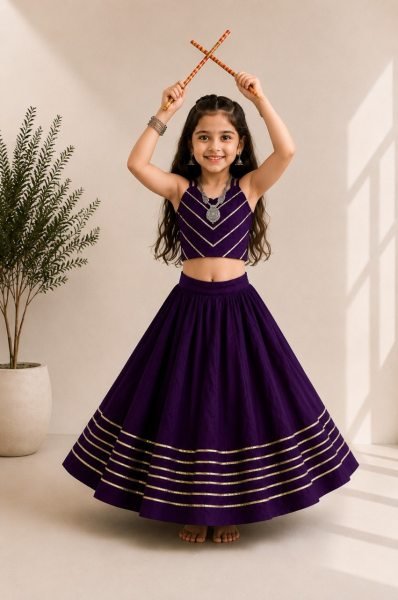 Refined Purple Multicolour Roman Silk Kids Chaniya Choli with Traditional Mirror Work Girls Wear