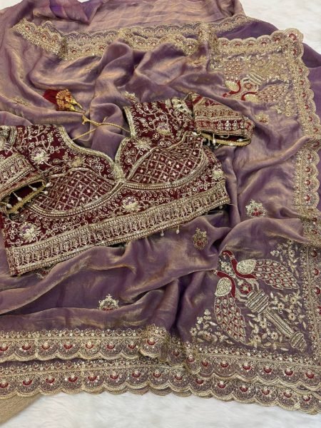 Refined Purple Space Satin Party Wear Saree with Heavy Embroidered Stitched Blouse Embroidery Sarees Wholesale
