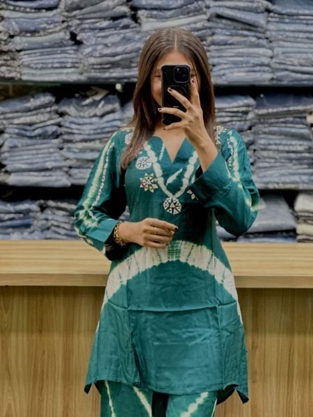Refined Rama Hand-Dyed Shibori Pattern Kurta Set with Embroidery CO ORD Sets