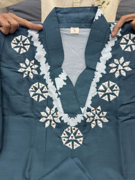 Refined Rama Hand-Dyed Shibori Pattern Kurta Set with Embroidery CO ORD Sets