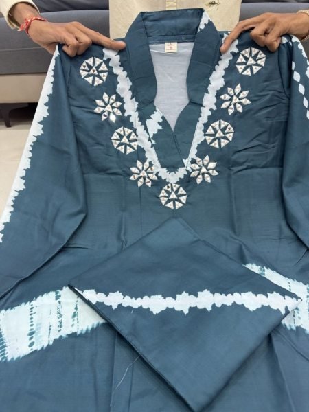 Refined Rama Hand-Dyed Shibori Pattern Kurta Set with Embroidery CO ORD Sets