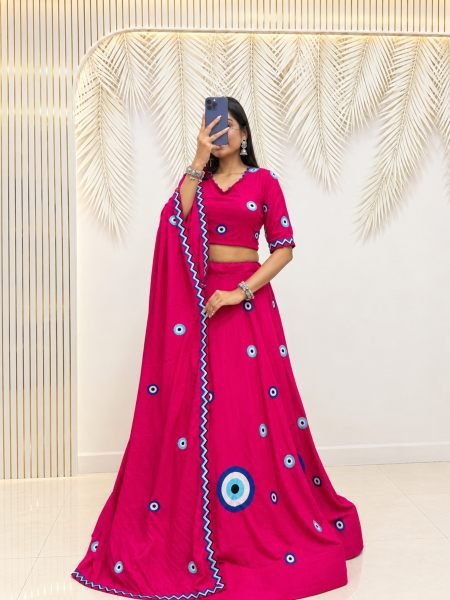 Refined Rani Pink Designer Pure Cotton Lehenga Choli Set with Heavy Thread Embroidery 