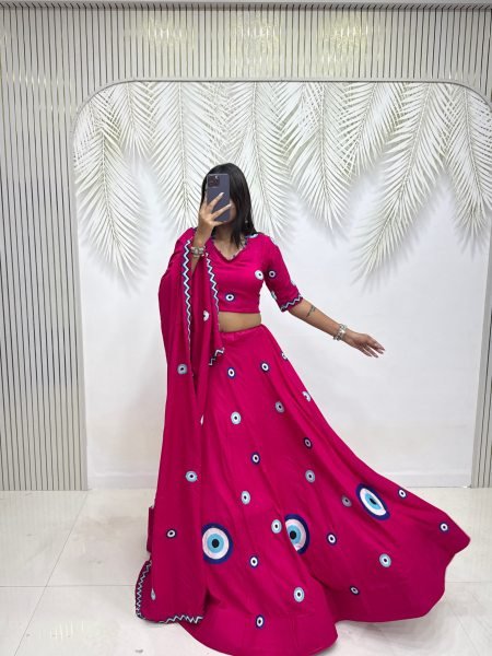 Refined Rani Pink Designer Pure Cotton Lehenga Choli Set with Heavy Thread Embroidery Navratri Lehnega Choli