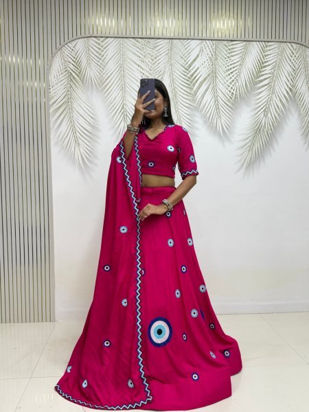 Refined Rani Pink Designer Pure Cotton Lehenga Choli Set with Heavy Thread Embroidery Navratri Lehnega Choli