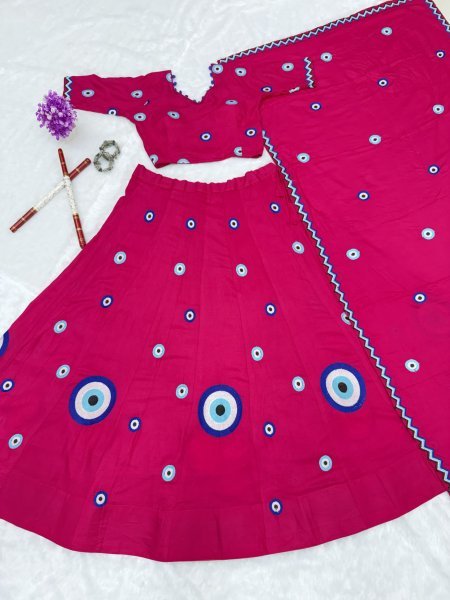 Refined Rani Pink Designer Pure Cotton Lehenga Choli Set with Heavy Thread Embroidery Navratri Lehnega Choli