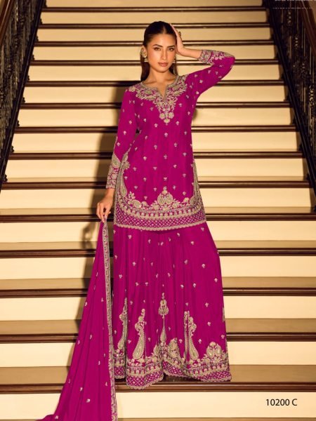 Refined Rani Pink Heavy Chinon Beads Embroidered Suit Set for Wedding Wear Designer Plazzo Salwar Suits Wholesale