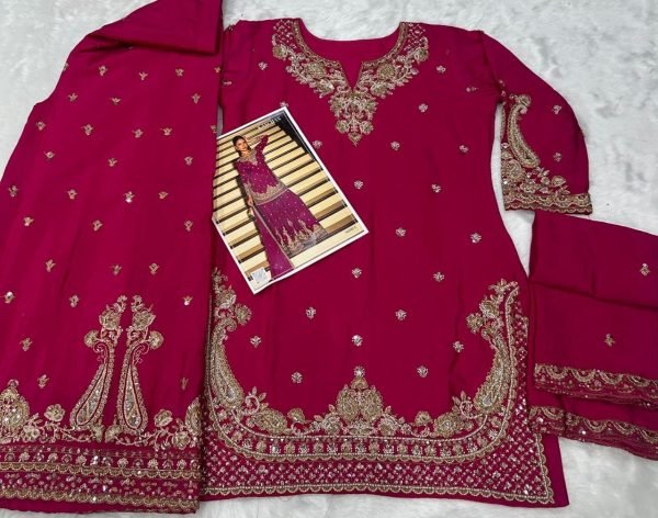 Refined Rani Pink Heavy Chinon Beads Embroidered Suit Set for Wedding Wear Designer Plazzo Salwar Suits Wholesale
