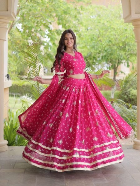 Refined Rani Pink Women's Navratri Lehenga Choli with Sequins and Gota Lace Work 